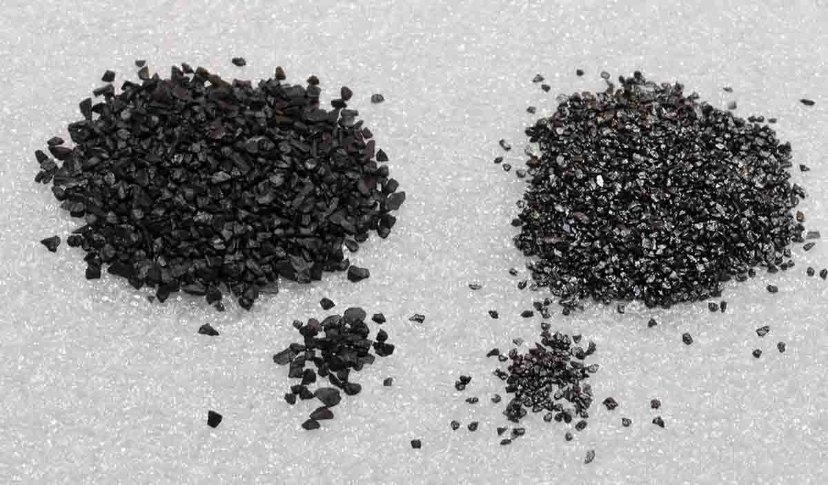 Black powder is differentiated mainly by grain size. At left is FFg powder, recommended for larger calibers like the Walker .44. FFFg (right) is recommended for smaller bores like the 1851 Navy .36.